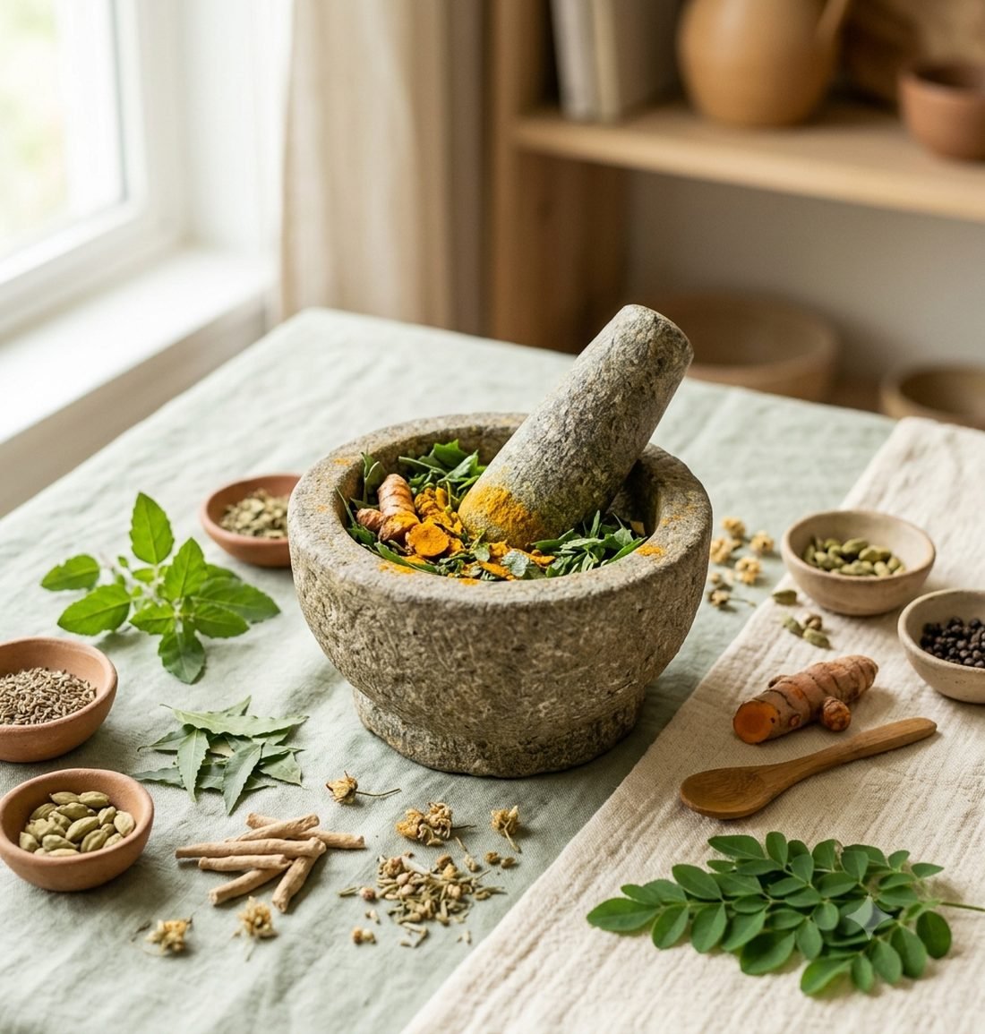 Ayurvedic mortar and pestle with fresh herbs